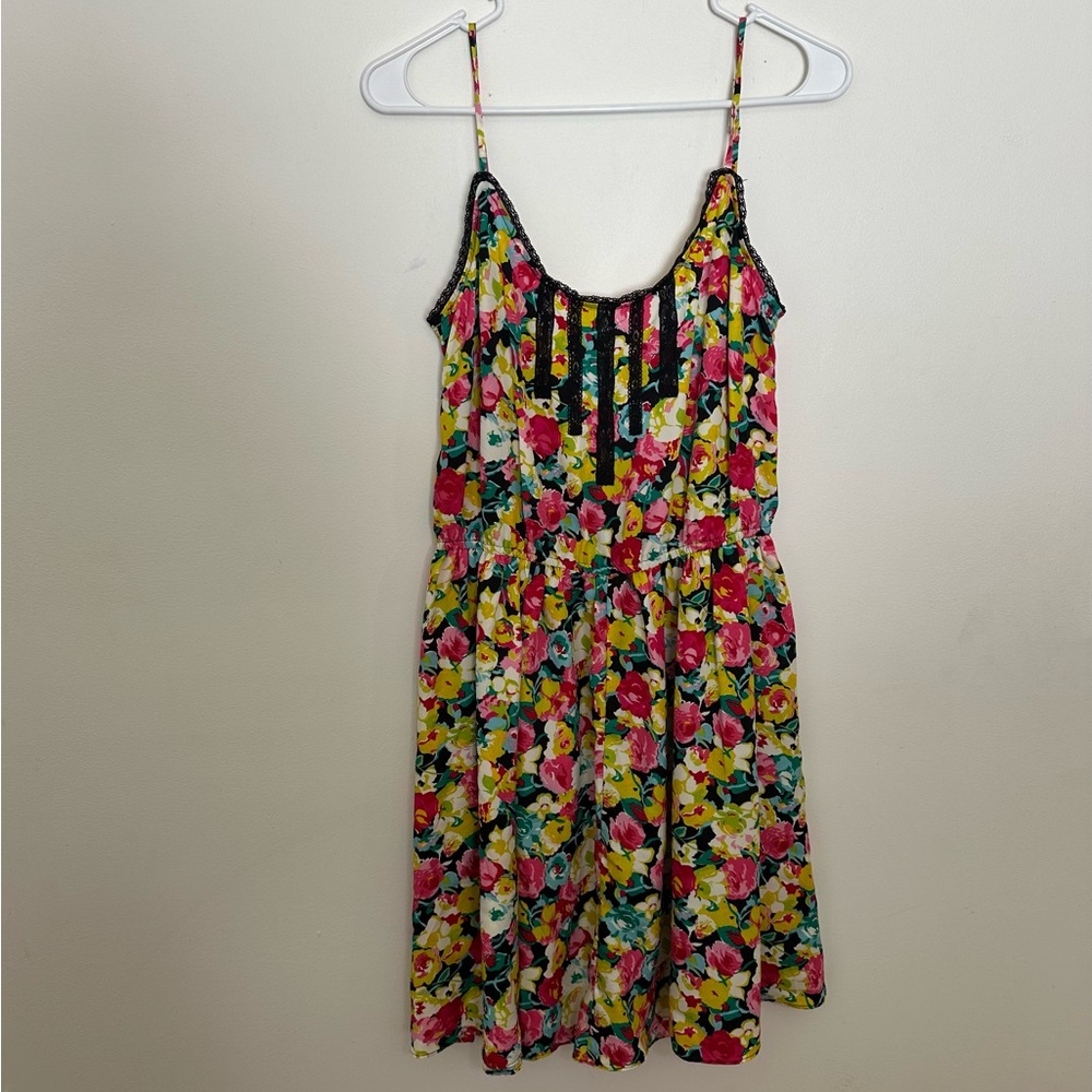 Betsy Johnson Slip Style Mini Dress Multicolor Floral Print Black Lace Trim Sz 8